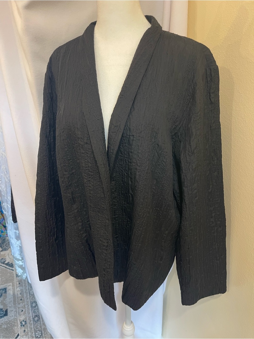 Eileen Fisher 100% Silk Black Textured Open Front Jacket Blazer XL Minimalist
